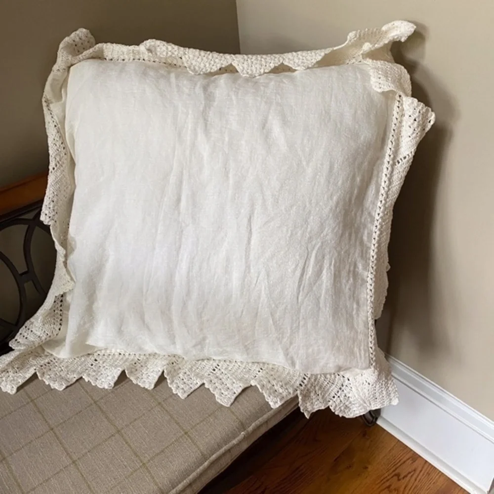 Anthropologie Beige Linen Crochet Lace Euro Sham - Picture 2 of 6
